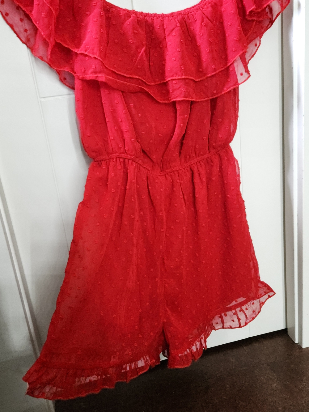 ANDRÉE BY UNIT Women's Red Off-Shoulder Ruffle Romper-S - Picture 2 of 3